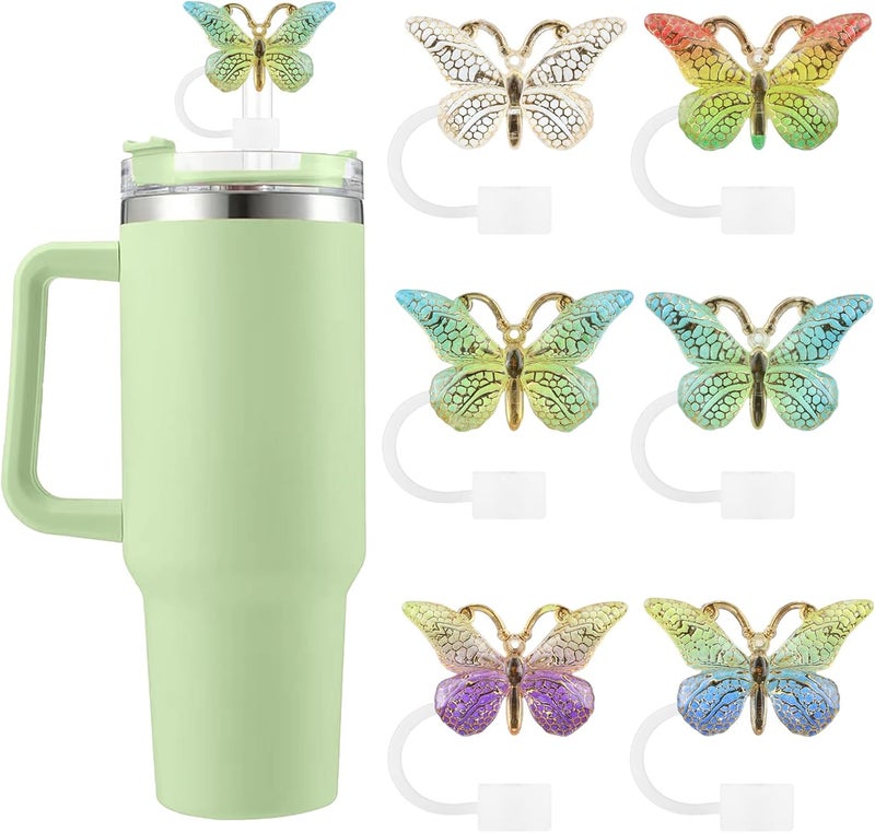 SEMATA 6PCS Cute Butterfly Straw Cover Cap for Stanley Cup Accessories,Bling Straw Toppers for Stanley Tumbler 40&30 oz,Reusable Straws Tips Protectors Compatible with 10mm Straws(Green) - Image 1